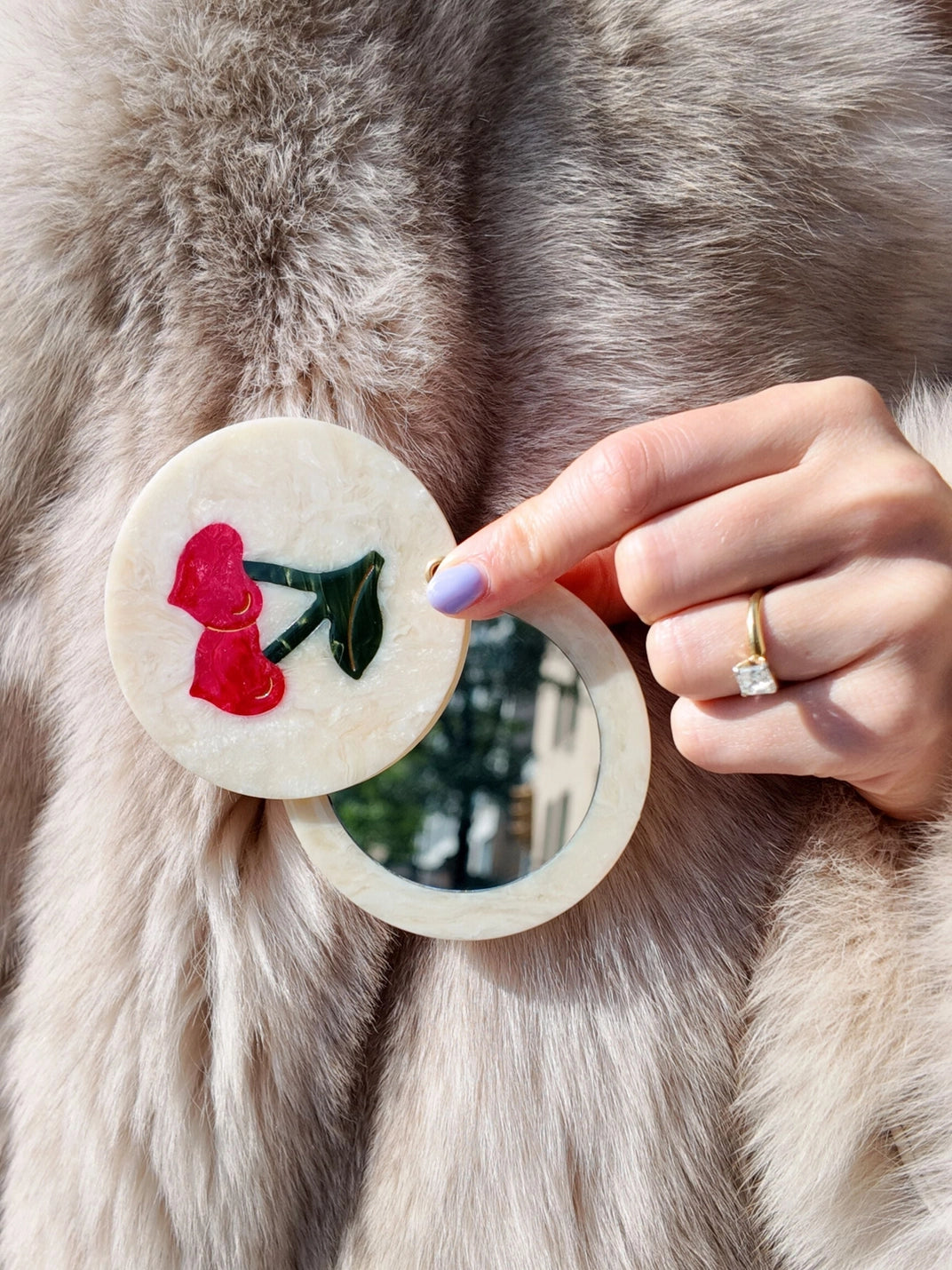 Hand-Painted Cherry Hearts Compact Mirror | Eco-Friendly