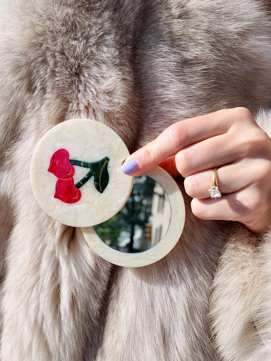 Hand-Painted Cherry Hearts Compact Mirror | Eco-Friendly