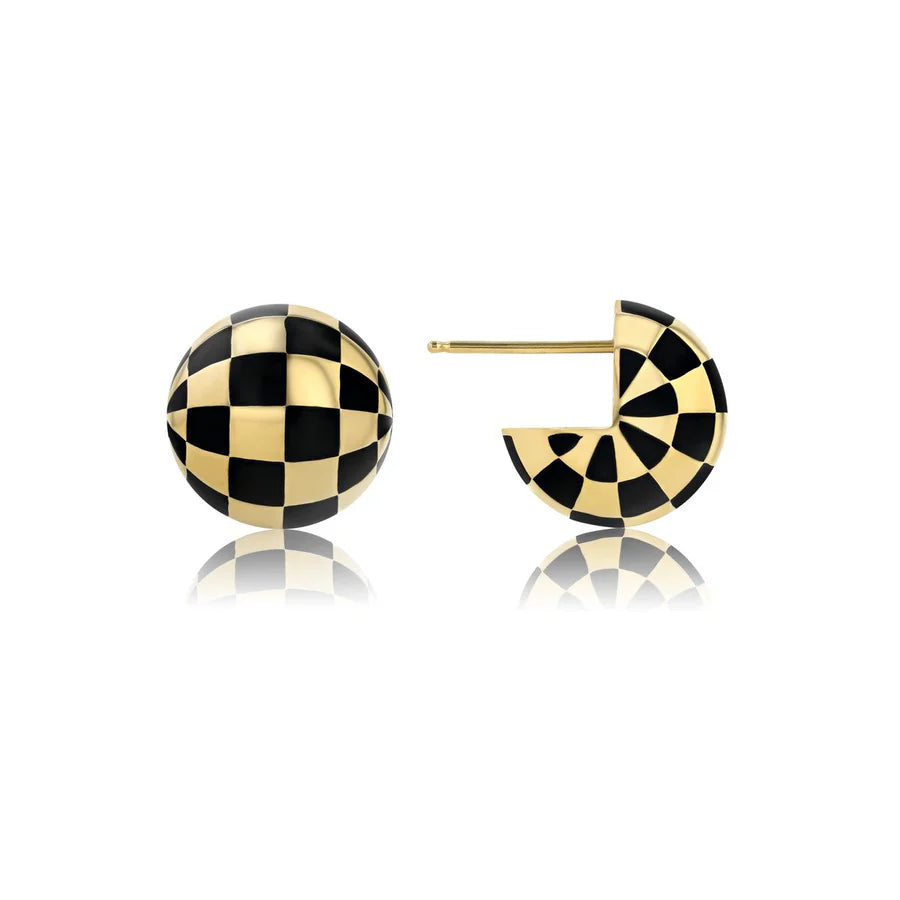 14K Gold Checkered Ball Button Earrings